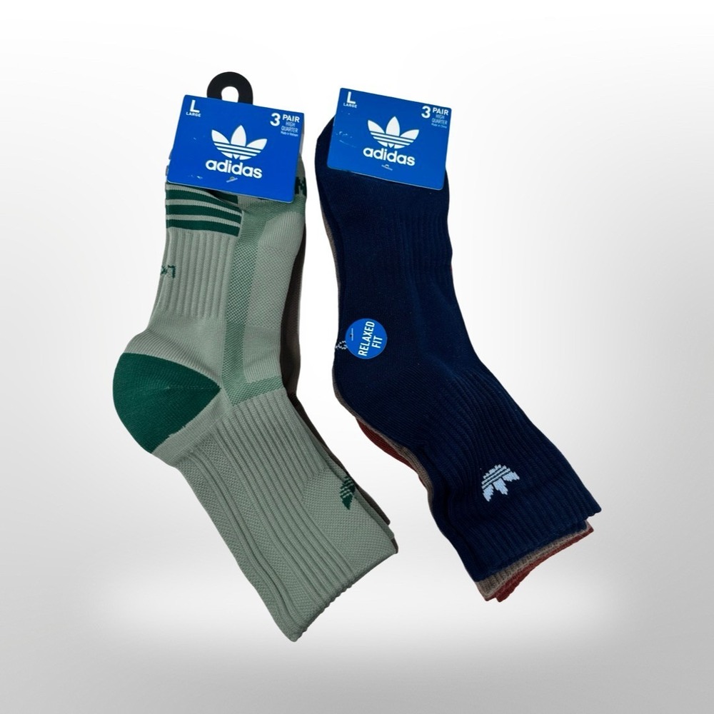 NWT Adidas Originals Tech High Quarter Socks Lot 6 Pairs Large Green Navy Brown